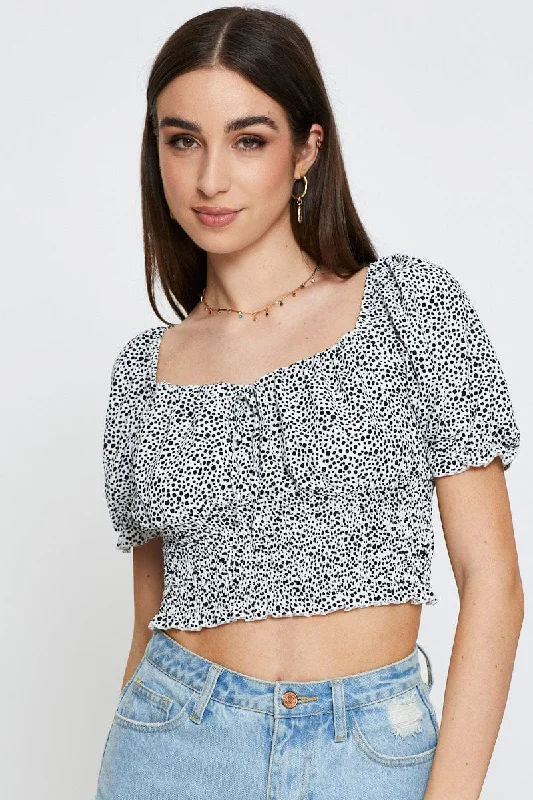 Geo Print Peasant Blouse Short Sleeve Off Shoulder