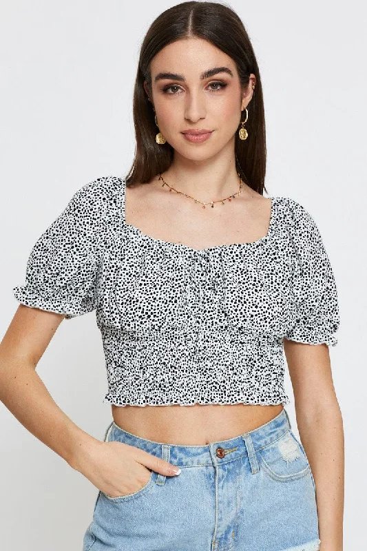 Geo Print Peasant Blouse Short Sleeve Off Shoulder