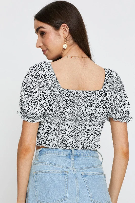 Geo Print Peasant Blouse Short Sleeve Off Shoulder