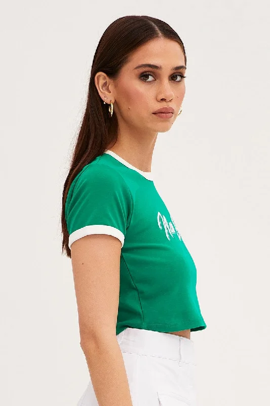 Green Baby Tee Short Sleeve Crew Neck Crop New York