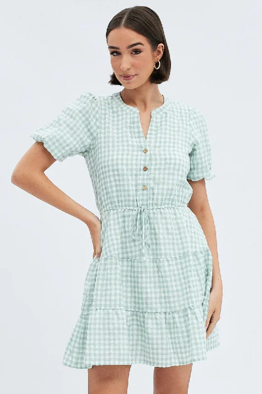 Green Check Shirt Dress Short Sleeve Tiered