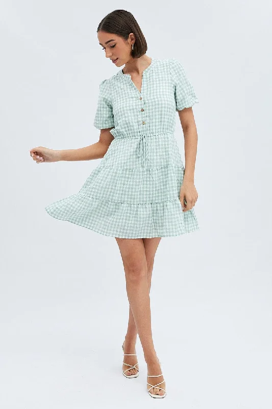 Green Check Shirt Dress Short Sleeve Tiered