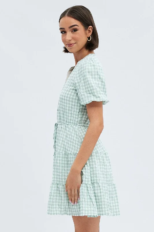 Green Check Shirt Dress Short Sleeve Tiered