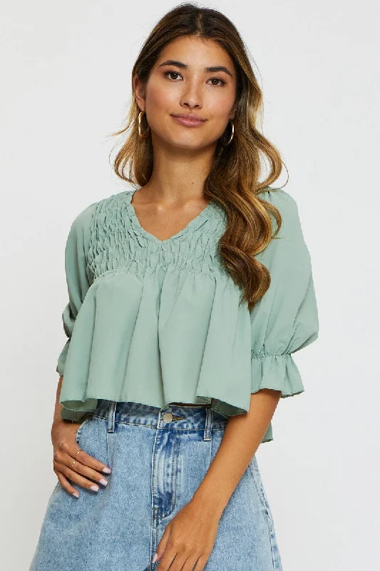 Green Crop Blouse Short Sleeve Round Neck