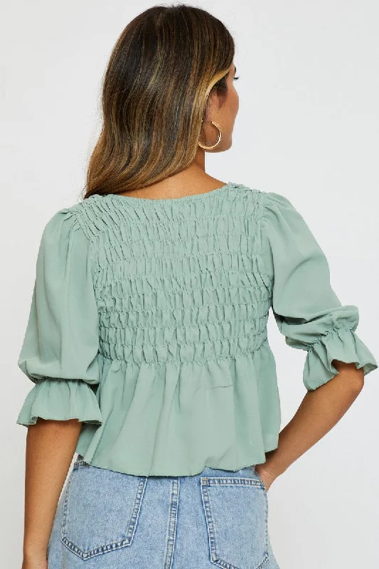 Green Crop Blouse Short Sleeve Round Neck