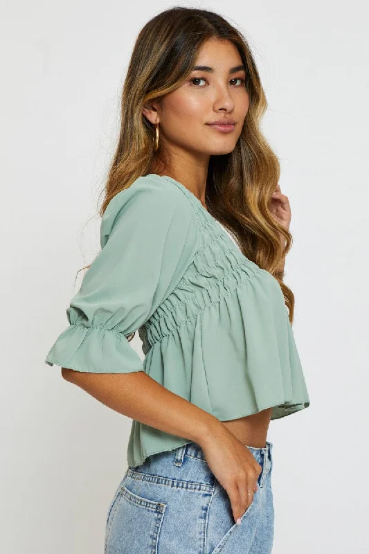 Green Crop Blouse Short Sleeve Round Neck