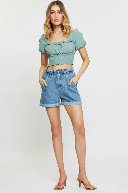 Green Crop Blouse Short Sleeve