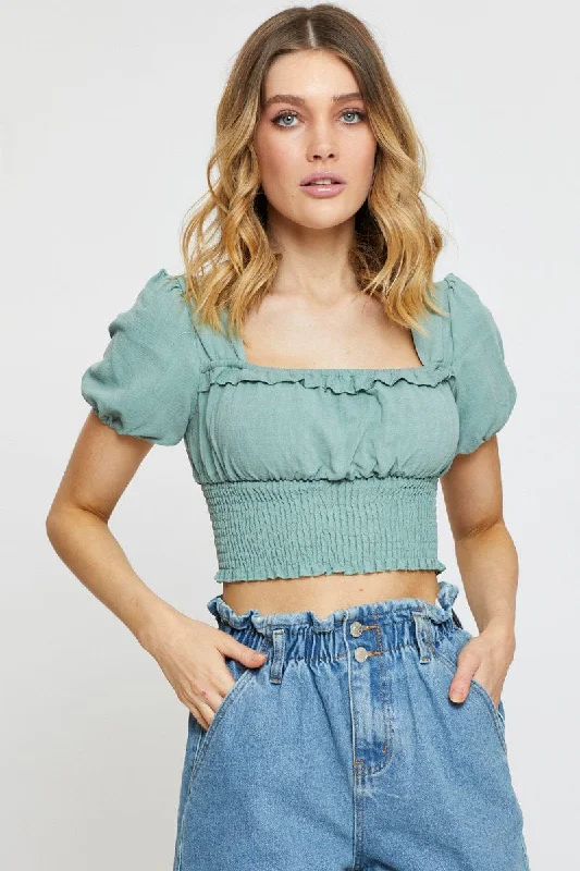 Green Crop Blouse Short Sleeve