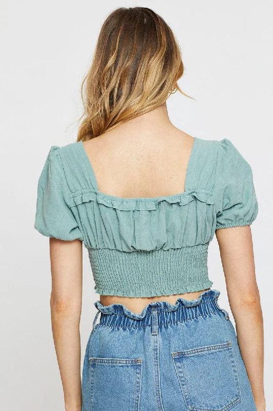 Green Crop Blouse Short Sleeve