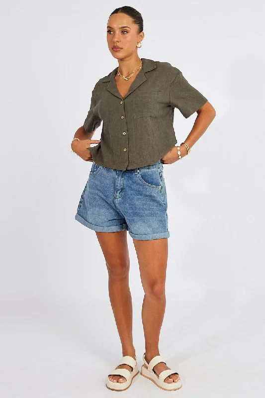 Green Crop Shirt Short Sleeve