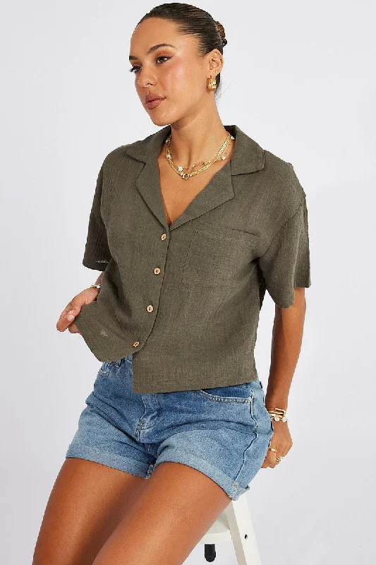 Green Crop Shirt Short Sleeve