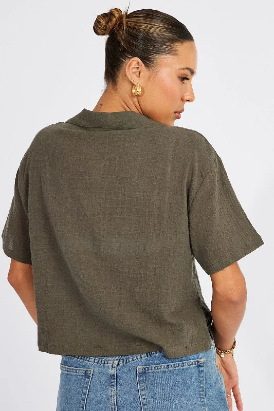 Green Crop Shirt Short Sleeve