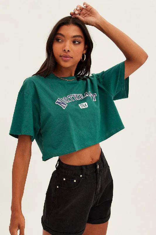 Green Crop T-Shirt Crew Neck Short Sleeve