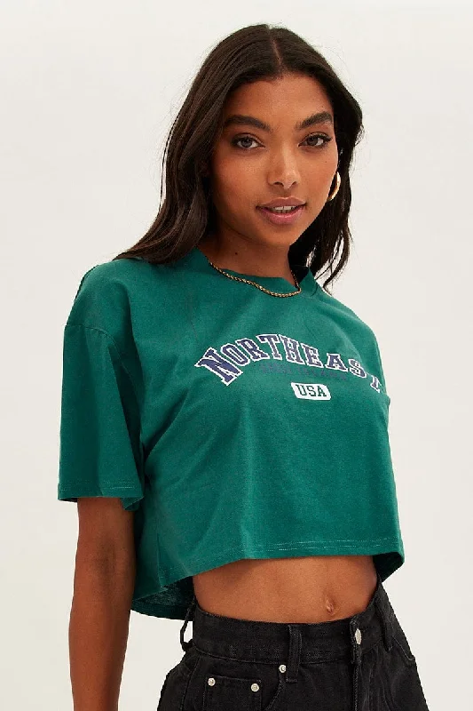 Green Crop T-Shirt Crew Neck Short Sleeve