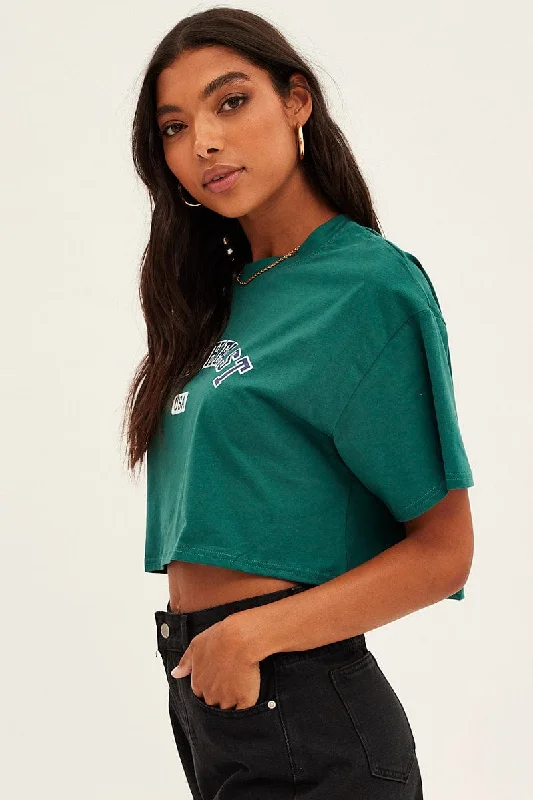 Green Crop T-Shirt Crew Neck Short Sleeve