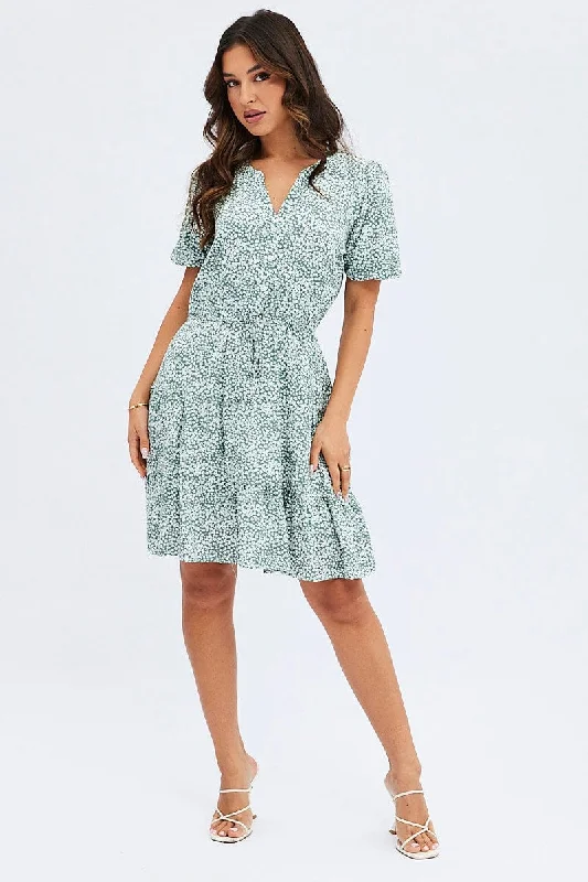 Green Ditsy Shirt Dress Short Sleeve Tiered