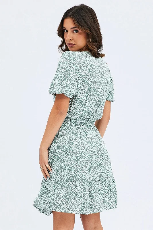 Green Ditsy Shirt Dress Short Sleeve Tiered