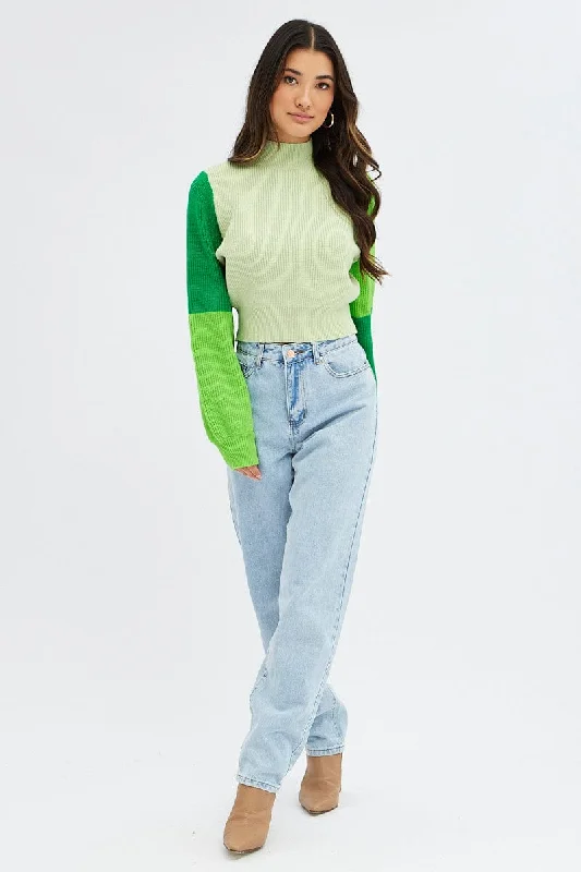 Green Knit Jumper Colour Block