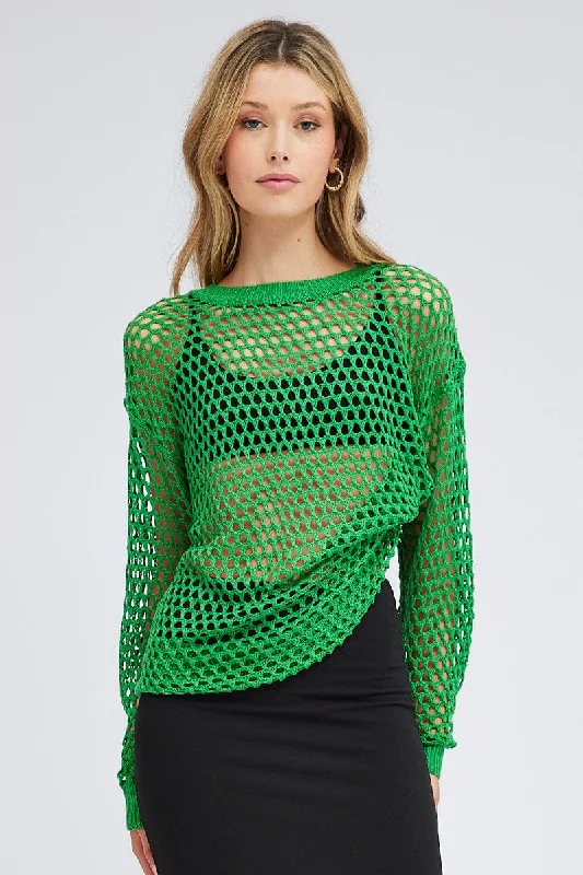 Green Oversized Knit Top Crew Neck