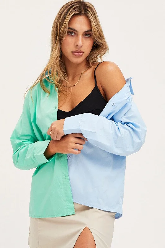 Green Oversized Shirts Long Sleeve Collared