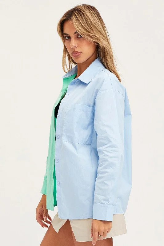 Green Oversized Shirts Long Sleeve Collared