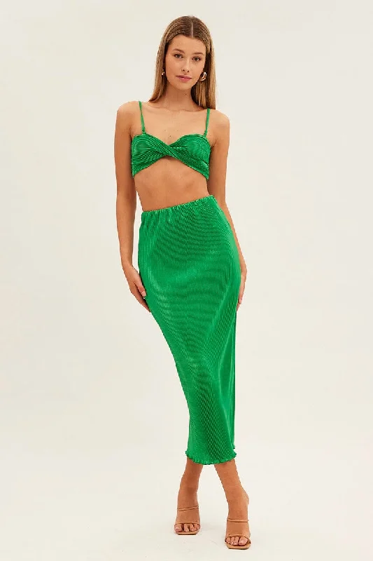 Green Plisse Top Sleeveless Crop Twist Front Bralette