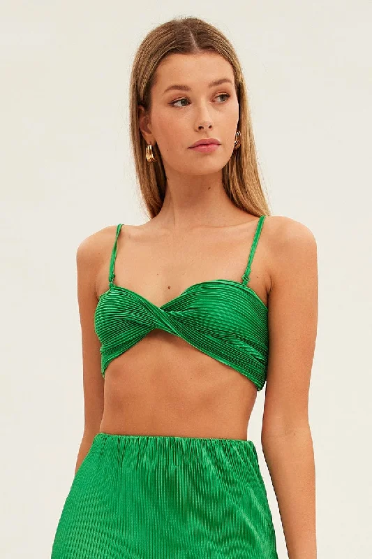 Green Plisse Top Sleeveless Crop Twist Front Bralette