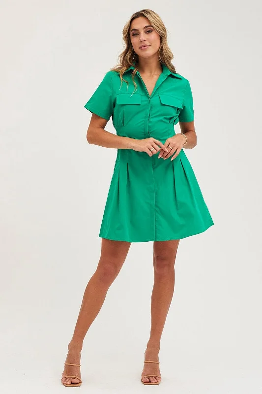 Green Shirt Dress Short Sleeve Mini