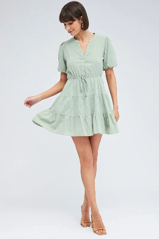 Green Shirt Dress Short Sleeve Tiered