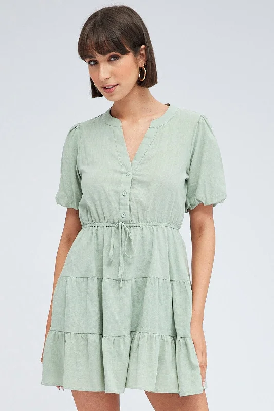 Green Shirt Dress Short Sleeve Tiered