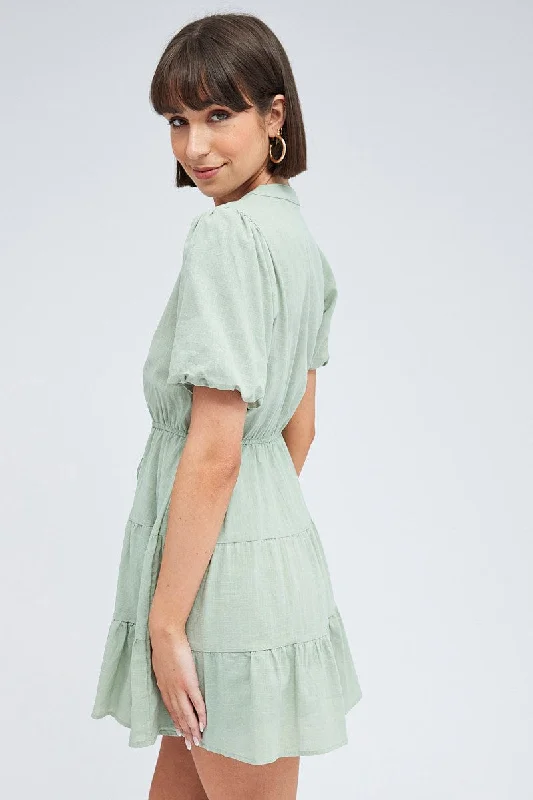 Green Shirt Dress Short Sleeve Tiered