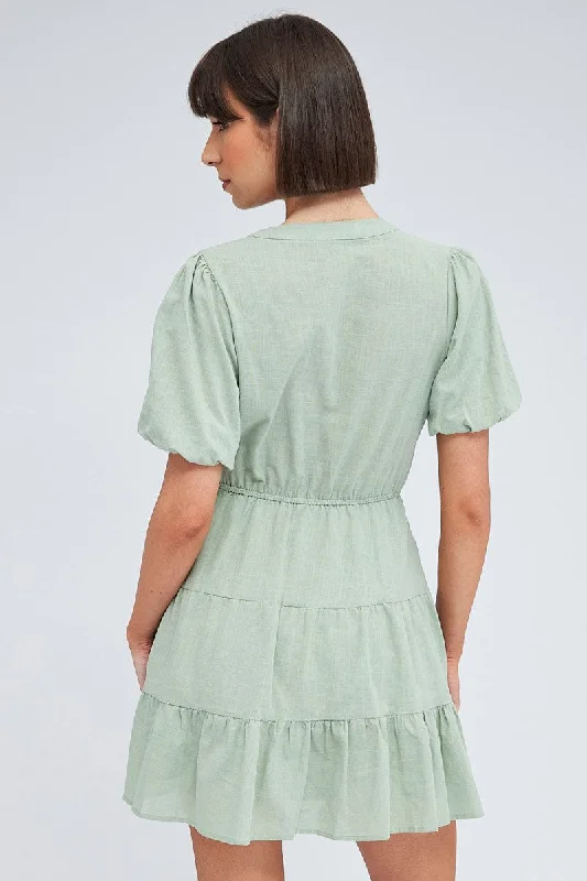 Green Shirt Dress Short Sleeve Tiered