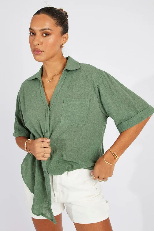 Green Shirt Short Sleeve Collared Neck