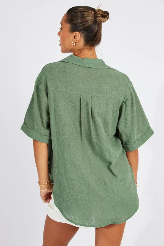 Green Shirt Short Sleeve Collared Neck