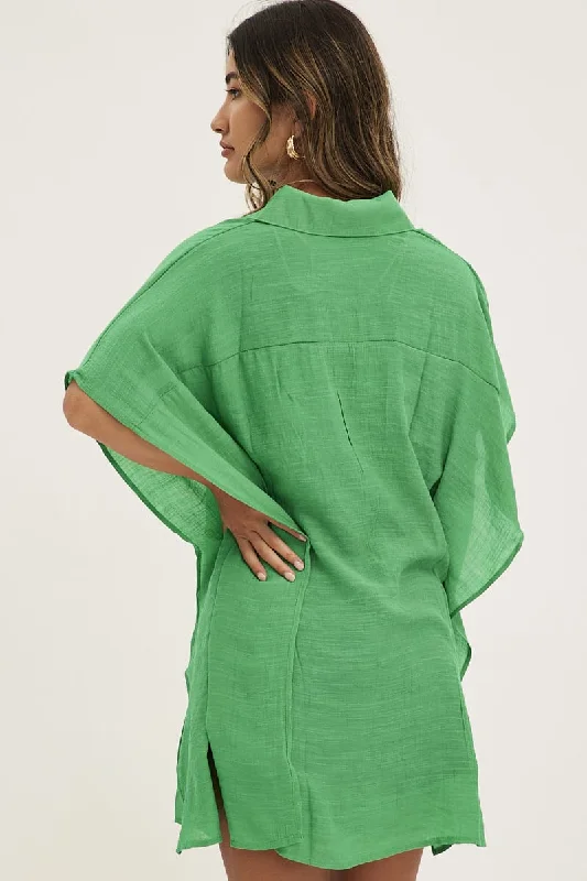 Green Short Sleeve Shirt Collared Longline