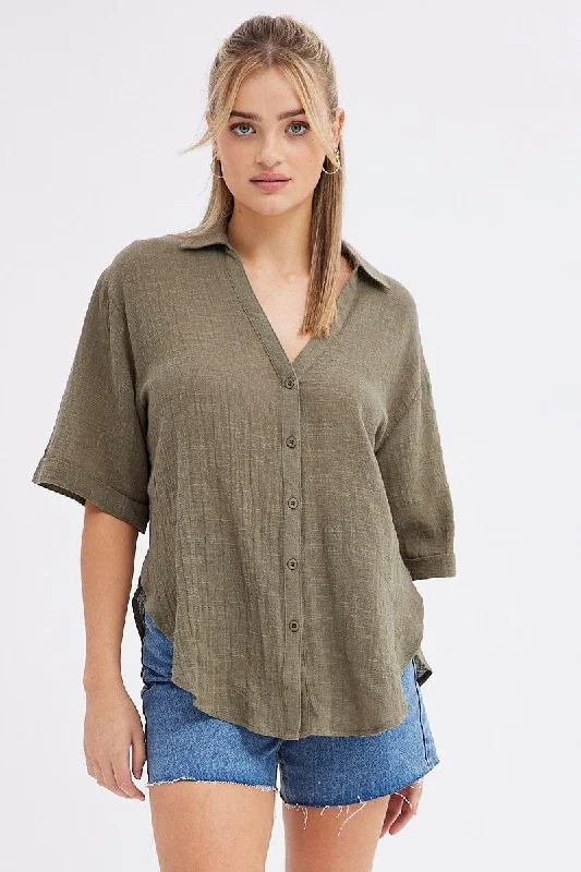 Green Textured Cotton Short Sleeve Collared Shirt