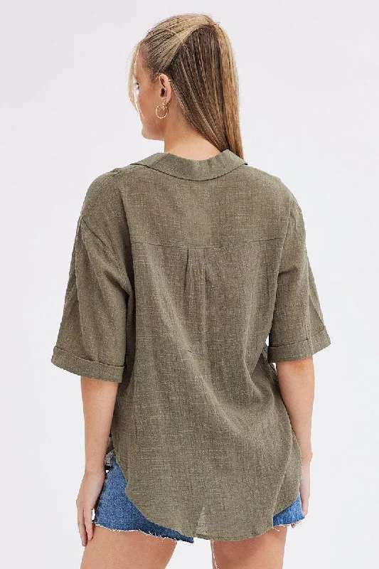 Green Textured Cotton Short Sleeve Collared Shirt