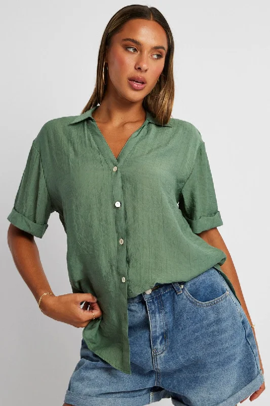 Green Textured Shirt Short Sleeve