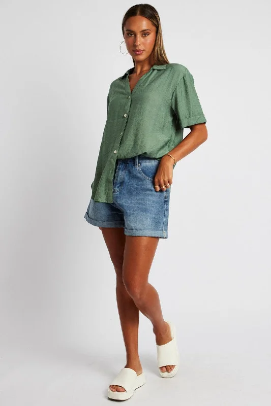 Green Textured Shirt Short Sleeve