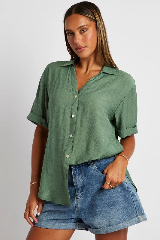 Green Textured Shirt Short Sleeve