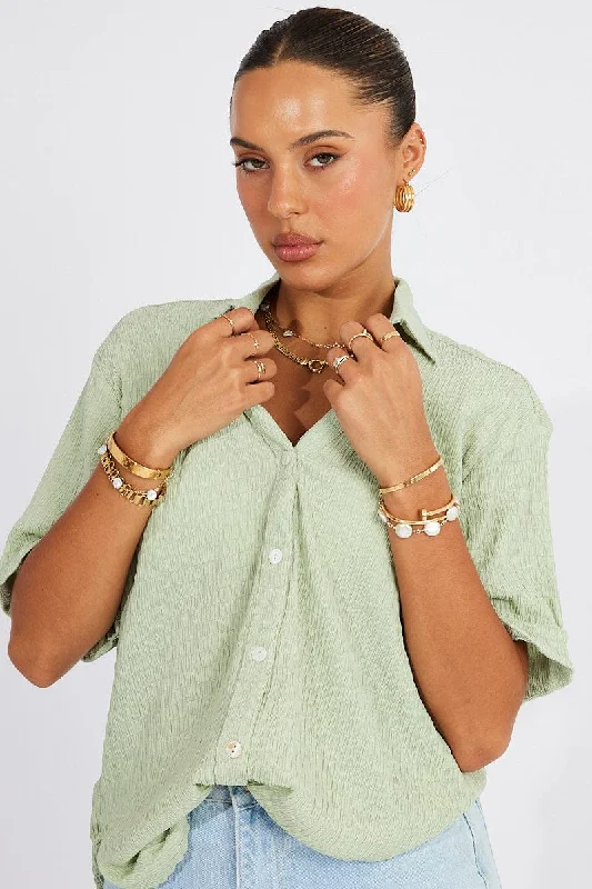 Green Textured Shirt Short Sleeve