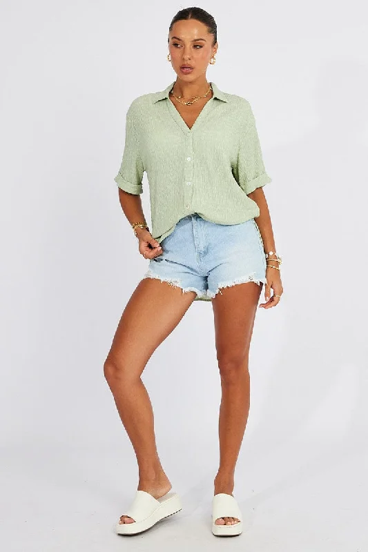 Green Textured Shirt Short Sleeve