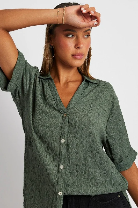 Green Textured Shirt Short Sleeve