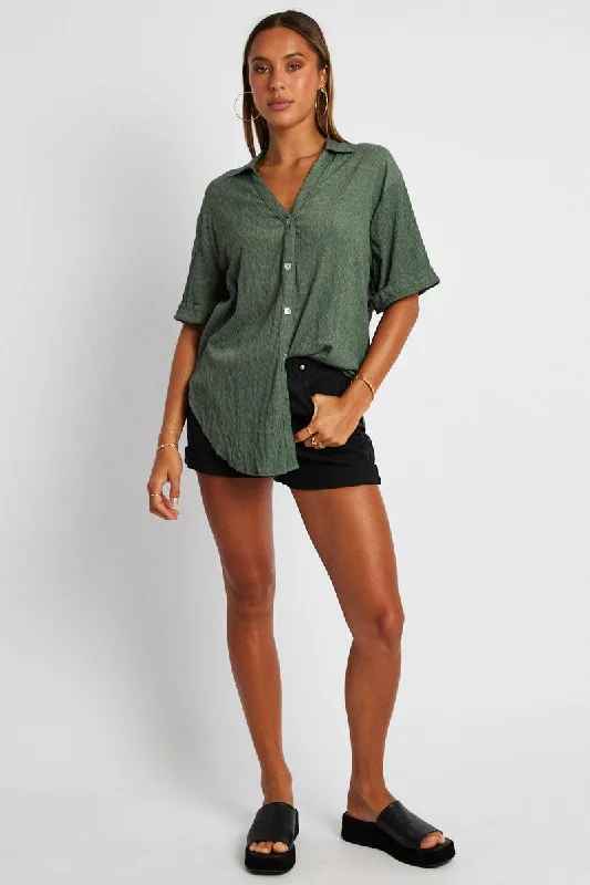 Green Textured Shirt Short Sleeve