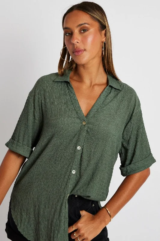 Green Textured Shirt Short Sleeve