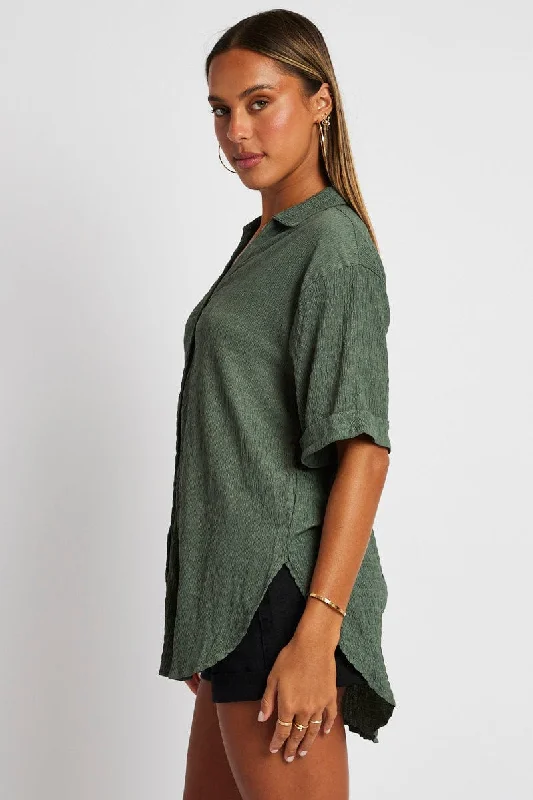 Green Textured Shirt Short Sleeve