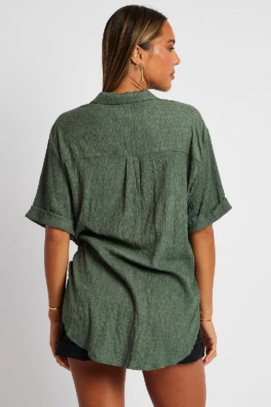 Green Textured Shirt Short Sleeve