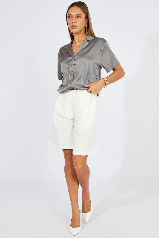 Grey Satin Shirt Short Sleeve