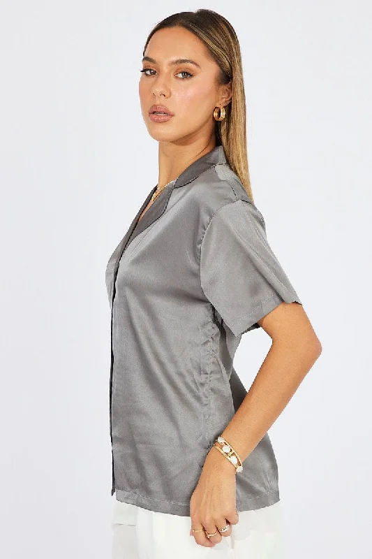 Grey Satin Shirt Short Sleeve