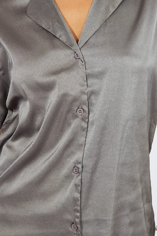 Grey Satin Shirt Short Sleeve